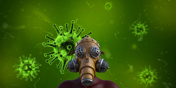 an image of someone in a mask, with a graphic of a virus behind them